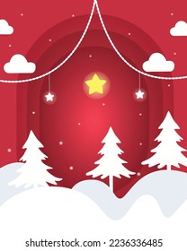El fondo rojo decorado con árboles de Navidad y estrellas es muy bonito.