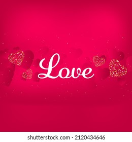 Red Background Decorated With Hearts And White Love Font.