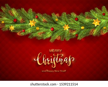 Red background with decorations. Golden stars, balls, fir tree branches, lettering Merry Christmas and Happy New Year. Illustration can be used for holiday design, cards, invitations and banners.