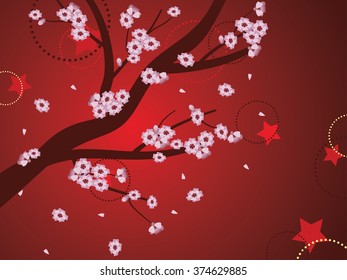 Red background with decorative cherry blossom, sakura branch.