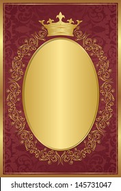 red background with decorative golden frame and crown