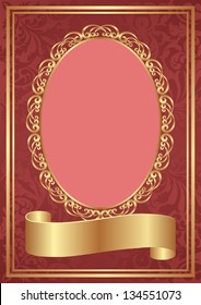red background with decorative oval frame and gold ribbon