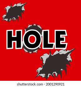 red background design with broken, torn, and hole writing elements