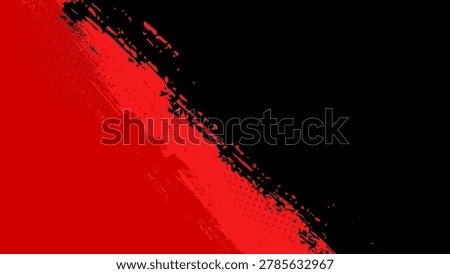 Red background with diagonal black brush strokes dividing the space in half.