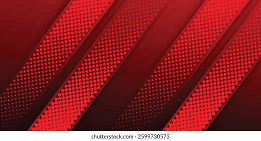 red background with diagonal halftone-patterned stripes. The combination of gradients, sharp angles, and dotted textures gives it a modern and energetic feel.