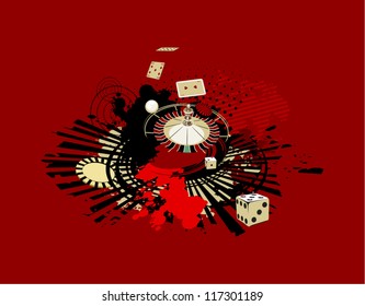 red background with dice and roulette in casino