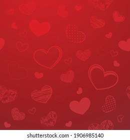 Red background with different hearts silhouettes for Valentine holiday, posters and invitation cards