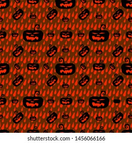 Red background with doodle black pumpkins scary face, smile. Illustration in pop-art memphis style. Red terrible Halloween seamless pattern.Desing for textile and fabric. The day of the Dead.