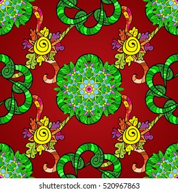 Red background with doodles. Yellow, green. Seamless pattern. Vector.
