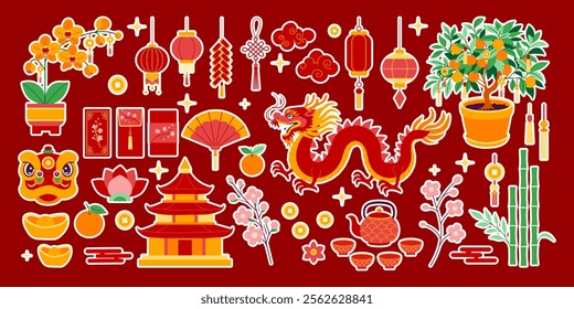 A red background with a dragon and other Chinese symbols. The dragon is on the right side of the image