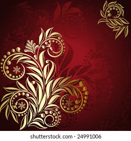 Red background with elegance gold plant with swirls