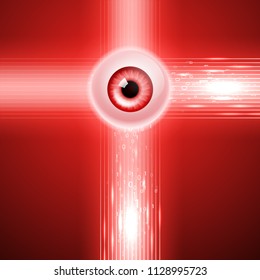 Red background with eye and binary code.