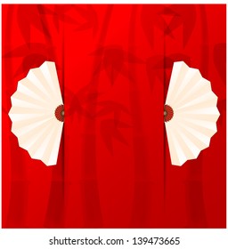 red  background with fans and bamboo
