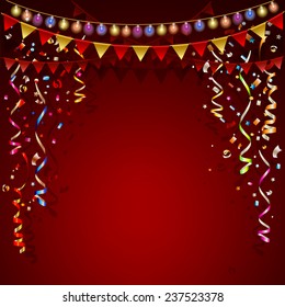 Red background. Festive garland and colorful flags and confetti. Party time. Space for text.