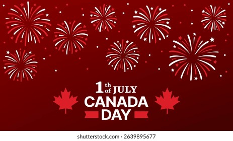 Red background with fireworks and 1st of July Canada Day text, with maple leaves for holiday celebration design. Vector graphics.