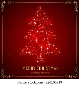 Red background with floral elements and Christmas tree from star, illustration.