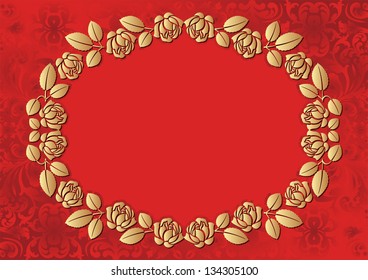 red background with floral oval frame