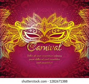 Red background with floral pattern and gold carnival mask. Layout for carnaval. Elegant poster for costume celebrations. Decoration for woman face.