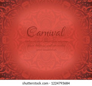 Red background with floral pattern. Invitation card for Venetian carnival.