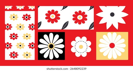 Red background floral vector set with boxed flower compositions and bold petal graphics. Retro-inspired decorative design.