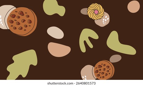 Red background with flower-shaped cookies, waffles, and buttery biscuits among abstract candy blobs and chocolate-style accents in a dynamic layout.