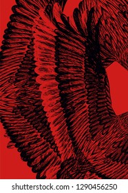 Red background with flying eagles. Symbol revolution. Drawing feathers pattern.
