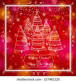 red background with forest of christmas trees, vector illustration