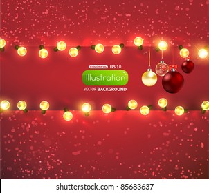 Red background with frame, christmas balls and lamp festive garland for holiday xmas design.