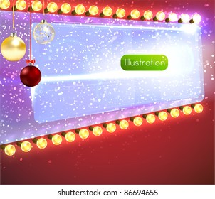 Red background with frame, christmas balls and lamp festive garland for holiday xmas design.
