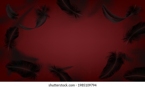 Fondo rojo con un marco de plumas negras voladoras