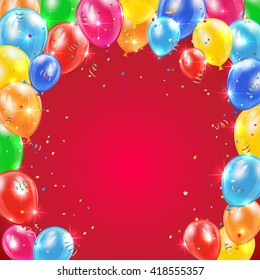 Red background with frame from flying colorful balloons, tinsel and confetti, Happy Birthday theme, illustration.