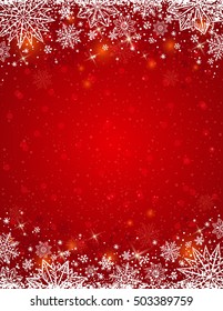 Red background with  frame of snowflakes and stars,  vector illustration