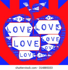Red background with geometric apple illustration together and blue Love words create apple silhouette vector print pattern For fashion and graphic design, valentines day gift  Special t shirt print.