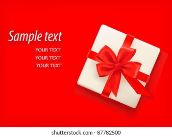 Red background with gift box and red bow. Vector illustration