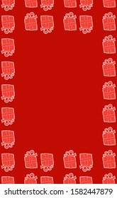 Red background with gifts and place for text, doodle style christmas card vertical stock vector illustration for design and decoration.