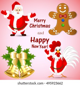 Red background with gingerbread and bells and Santa and rooster