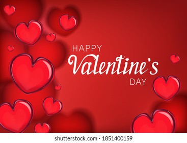 Red background with glass hearts, happy Valentines day. Vector illustration.