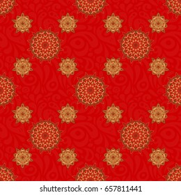 Red background. Glitter background. Golden seamless pattern. Vector luxury red background with golden elements.