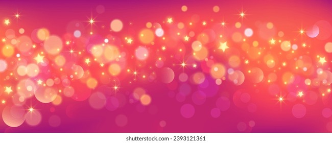 Fondo rojo con estrellas brillantes. El cielo de fantasía púrpura brillante. Espacio con bokeh. Fondo de degradado de iridiscente de hadas. Vector.