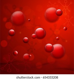Red background with glossy bubbles, molecules and dna structure for Health and Medical concept.