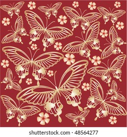 red background with gold butterflies