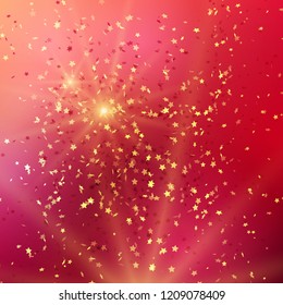 Red background with gold glitter and star shaped confetti. Vector illustration.