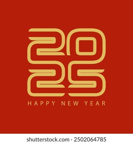 Red background with gold numerals reading 2025, Happy New Year. Festive, celebratory design suitable for New Years Eve party invitations or decorations.