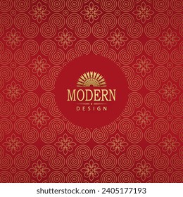 Red background with gold pattern and flowers, round frame isolated.