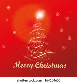 a red background with a golden bright tree for Christmas