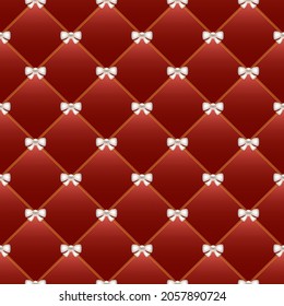 Red background with golden chains and pearl bows. Vector illustration.