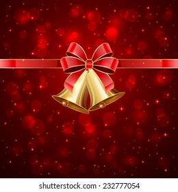 Red background with golden Christmas bells and bow, illustration.