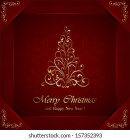 Red background with golden Christmas tree from ornate elements, illustration. 