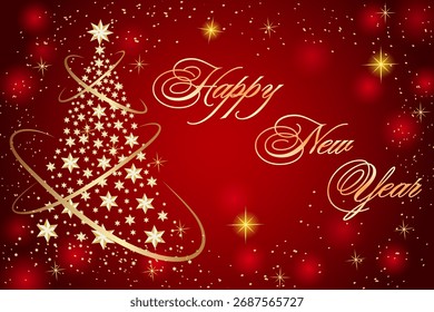 Red background with golden Christmas tree. illustration with stylized Christmas tree, stars and New Year text on dark background.