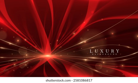 Red background with golden curves with red glow and bokeh effect, elegant backdrop design concept suitable for promoting cosmetic products and award ceremonies.